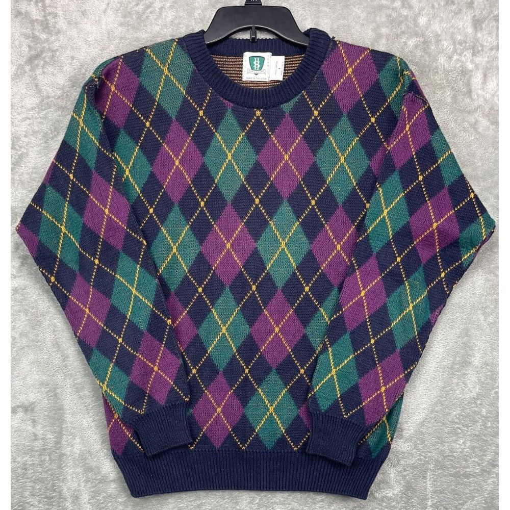Vintage Hanasport Men's Argyle Pullover Sweater Large Long Sleeve Knit